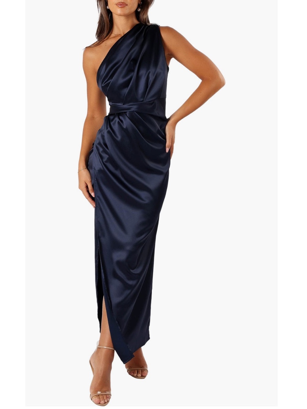 Patel & Pup Nadia One-Shoulder Navy Satin Maxi Dress New!